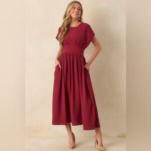 Faded Photographs Burgundy Chiffon Cap Sleeve Maxi Dress